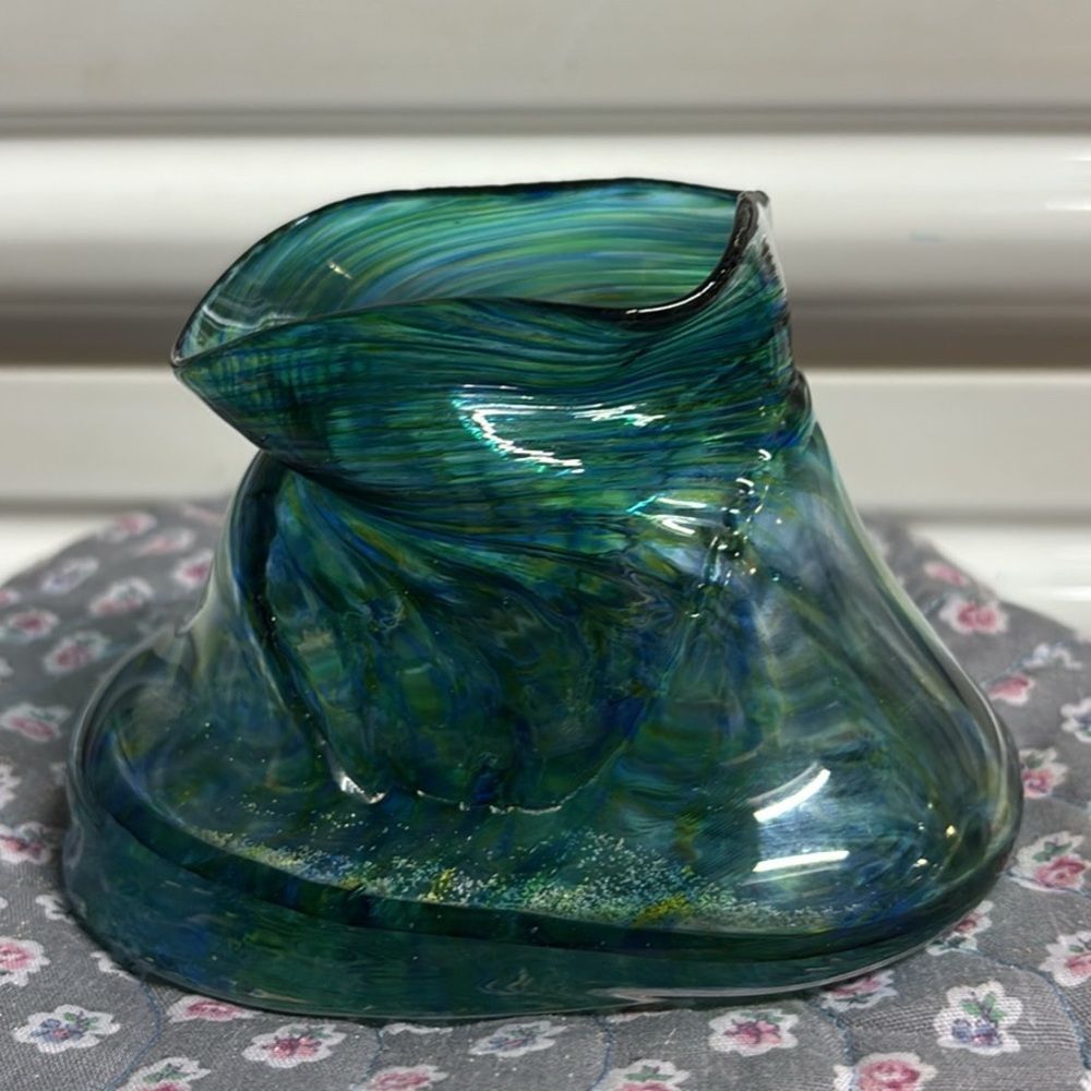 Vintage Bud Spindt Green Hand-Blown Art Glass Candle Holder 2008 Kailua Hawaii
